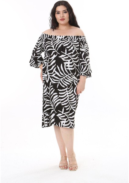 Kadın Büyük Beden Siyah Dokuma Viskon Kumaş Yakası Lastikli Kısa Kollu Elbise 65N38173 modelleri