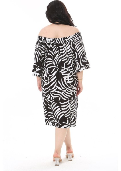 Kadın Büyük Beden Siyah Dokuma Viskon Kumaş Yakası Lastikli Kısa Kollu Elbise 65N38173 fırsatları