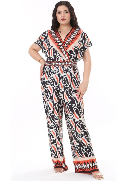 Kadın Büyük Beden Renkli Anvelop Yakalı Arka Gizli Fermuarlı Tulum 65N38166