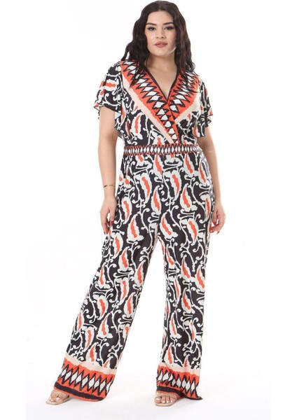 Kadın Büyük Beden Renkli Anvelop Yakalı Arka Gizli Fermuarlı Tulum 65N38166 indirimleri