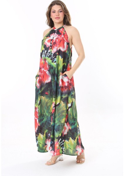 Kadın Büyük Beden Renkli Halter Yakalı Ön Patı Düğmeli Astarsız Krep Şifon Elbise 65N37986 modelleri