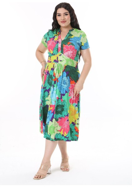 Kadın Büyük Beden Renkli V Yakalı Kısa Kollu Elbise 65N38160