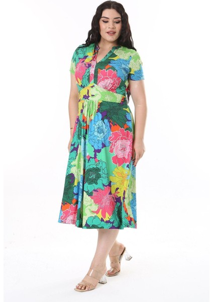 Kadın Büyük Beden Renkli V Yakalı Kısa Kollu Elbise 65N38160 indirimleri