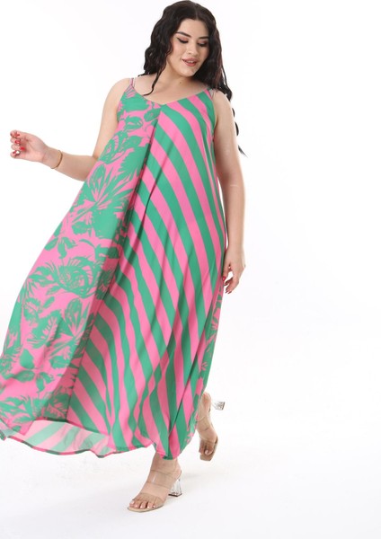 Kadın Büyük Beden Yeşil Askılı Uzun Krep Elbise 65N38164