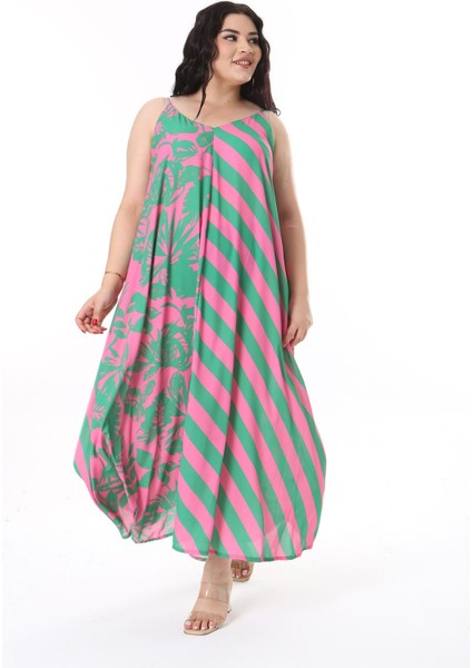 Kadın Büyük Beden Yeşil Askılı Uzun Krep Elbise 65N38164 modelleri