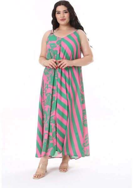 Kadın Büyük Beden Yeşil Askılı Uzun Krep Elbise 65N38164 fırsatları