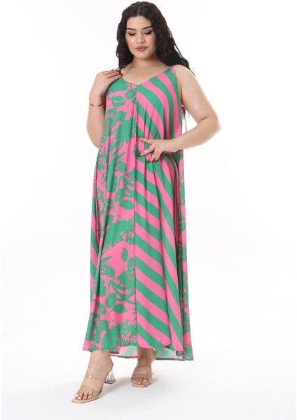 Kadın Büyük Beden Yeşil Askılı Uzun Krep Elbise 65N38164 indirimleri