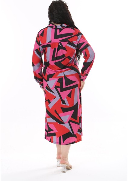 Kadın Büyük Beden Fujya Ön Ve Kol Düğmeli Uzun Kollu Elbise 65N38187