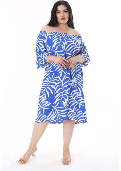 Kadın Büyük Beden Saks Dokuma Viskon Kumaş Yakası Lastikli Kısa Kollu Elbise 65N38173 modelleri