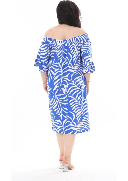 Kadın Büyük Beden Saks Dokuma Viskon Kumaş Yakası Lastikli Kısa Kollu Elbise 65N38173 indirimleri