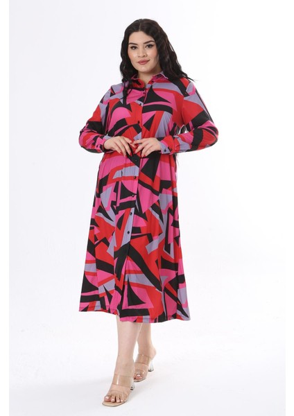 Kadın Büyük Beden Fujya Ön Ve Kol Düğmeli Uzun Kollu Elbise 65N38187 fiyatları