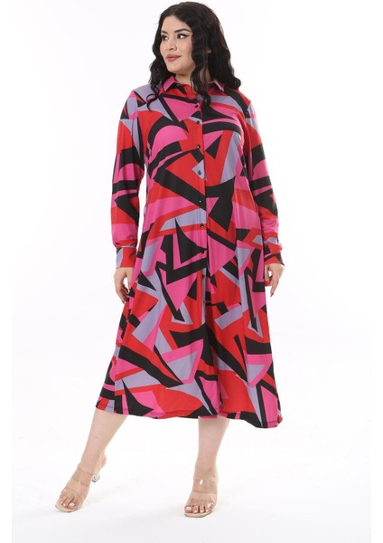 Kadın Büyük Beden Fujya Ön Ve Kol Düğmeli Uzun Kollu Elbise 65N38187 modelleri