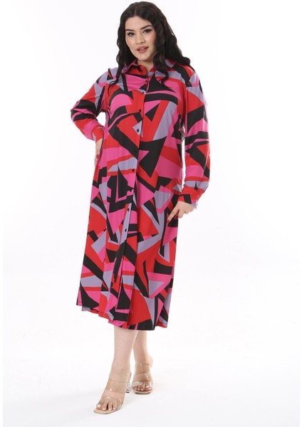 Kadın Büyük Beden Fujya Ön Ve Kol Düğmeli Uzun Kollu Elbise 65N38187 fırsatları