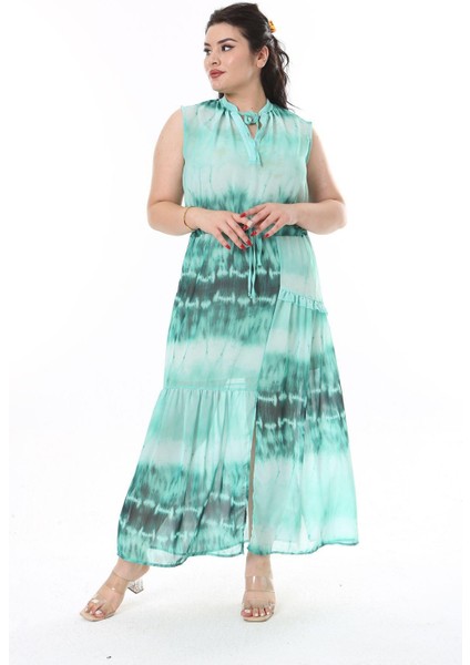 Kadın Büyük Beden Yeşil Şifon Kumaş Bel Bağcıklı Astarsız Elbise 65N38152 modelleri