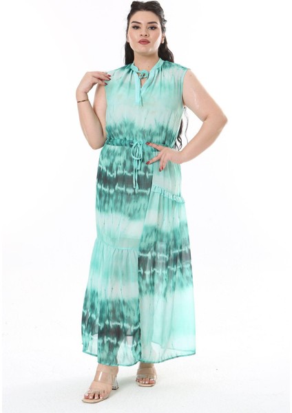 Kadın Büyük Beden Yeşil Şifon Kumaş Bel Bağcıklı Astarsız Elbise 65N38152 indirimleri