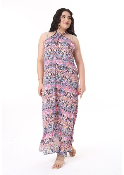 Kadın Büyük Beden Renkli Boyundan Bağlamalı Krep Uzun Elbise 65N38163