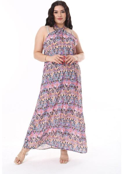 Kadın Büyük Beden Renkli Boyundan Bağlamalı Krep Uzun Elbise 65N38163