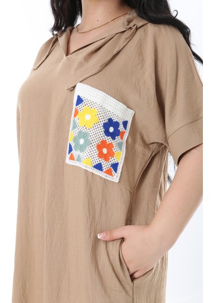 Kadın Büyük Beden Camel Kapşonlu Örgü Cep Detaylı Düşük Kollu Elbise 65N36012 fırsatları