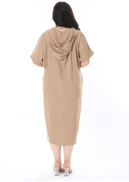 Kadın Büyük Beden Camel Kapşonlu Örgü Cep Detaylı Düşük Kollu Elbise 65N36012 indirimleri