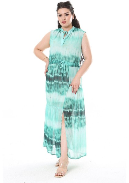 Kadın Büyük Beden Yeşil Şifon Kumaş Bel Bağcıklı Astarsız Elbise 65N38152