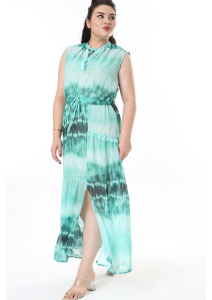 Kadın Büyük Beden Yeşil Şifon Kumaş Bel Bağcıklı Astarsız Elbise 65N38152 modelleri