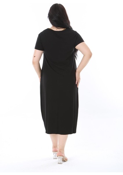 Kadın Büyük Beden Siyah Nakış Detaylı V Yakalı Kısa Kol Elbise 65N38203 indirimleri