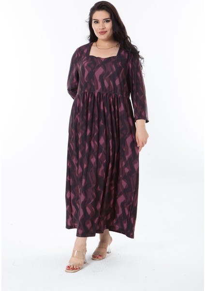 Kadın Büyük Beden Mürdüm Belden Büzgülü Kare Yaka Kapri Kollu Elbise 65N38247 modelleri