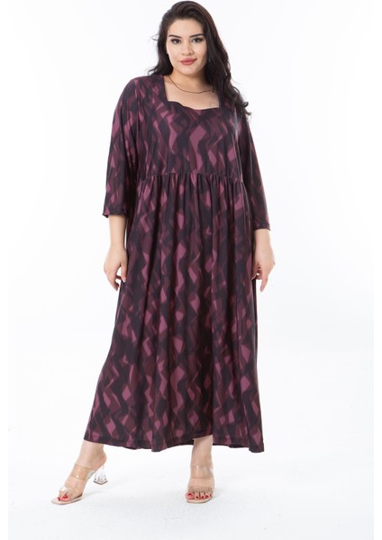 Kadın Büyük Beden Mürdüm Belden Büzgülü Kare Yaka Kapri Kollu Elbise 65N38247 fırsatları