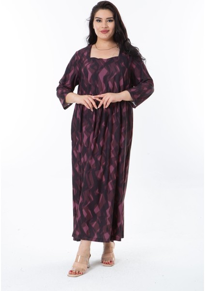 Kadın Büyük Beden Mürdüm Belden Büzgülü Kare Yaka Kapri Kollu Elbise 65N38247 indirimleri