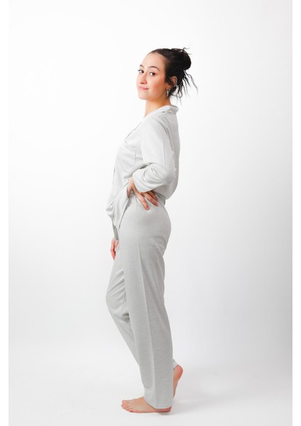Kadın Uzun Kol Önden Düğmeli Jakarlı Gri Pijama Takımı 14608 fırsatları