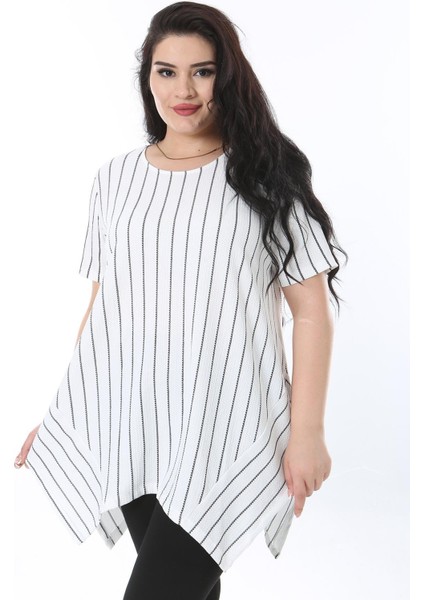 Kadın Büyük Beden Kemik Asimetrik Kesim Kısa Kollu Çizgili Bluz 65N38221