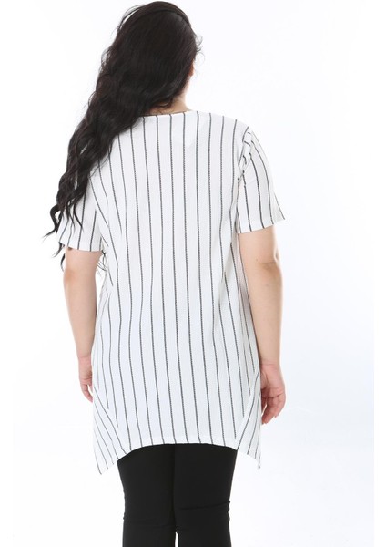 Kadın Büyük Beden Kemik Asimetrik Kesim Kısa Kollu Çizgili Bluz 65N38221 fiyatları