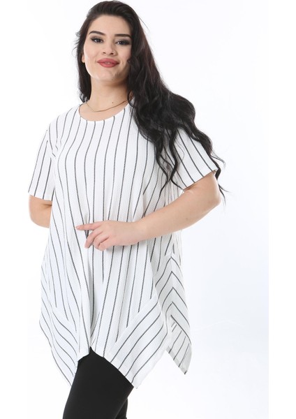 Kadın Büyük Beden Kemik Asimetrik Kesim Kısa Kollu Çizgili Bluz 65N38221 modelleri