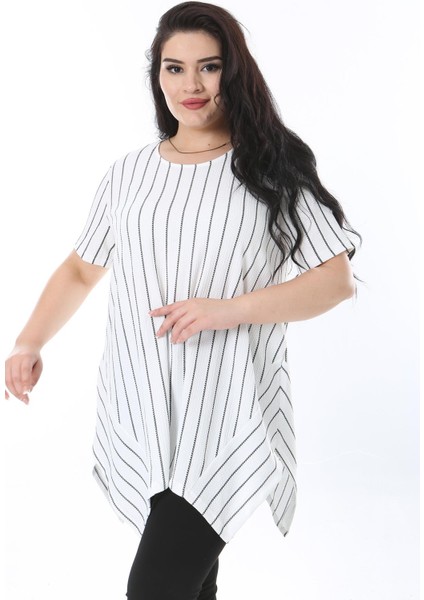 Kadın Büyük Beden Kemik Asimetrik Kesim Kısa Kollu Çizgili Bluz 65N38221 fırsatları