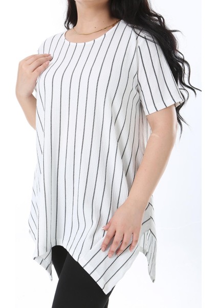 Kadın Büyük Beden Kemik Asimetrik Kesim Kısa Kollu Çizgili Bluz 65N38221 indirimleri