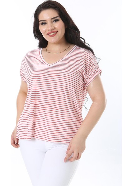 Kadın Büyük Beden Kırmızı V Yakalı Düşük Kollu Çizgili Bluz 65N38227