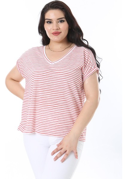 Kadın Büyük Beden Kırmızı V Yakalı Düşük Kollu Çizgili Bluz 65N38227 modelleri