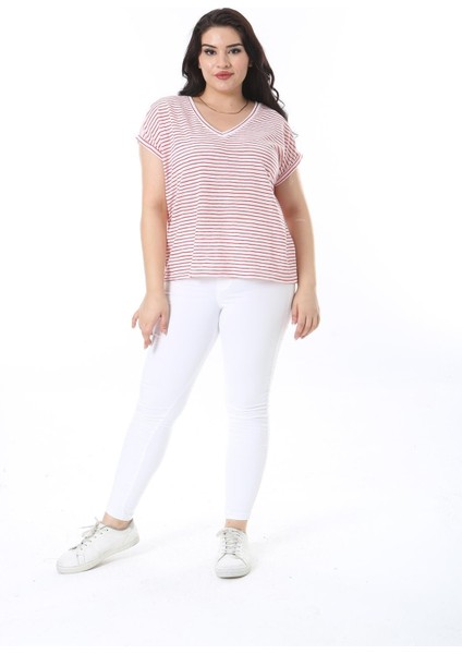 Kadın Büyük Beden Kırmızı V Yakalı Düşük Kollu Çizgili Bluz 65N38227 fırsatları