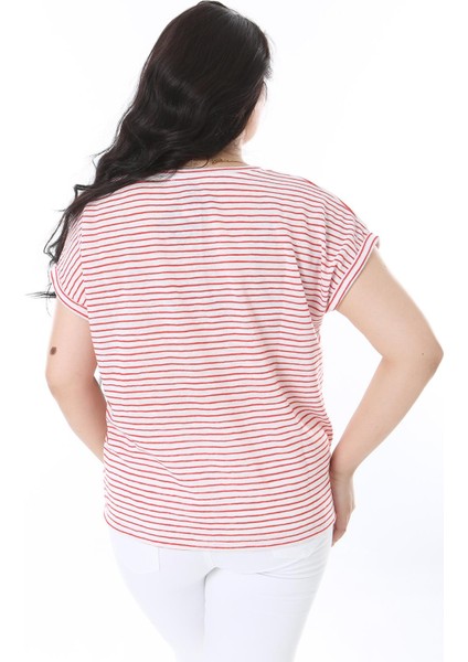 Kadın Büyük Beden Kırmızı V Yakalı Düşük Kollu Çizgili Bluz 65N38227 indirimleri