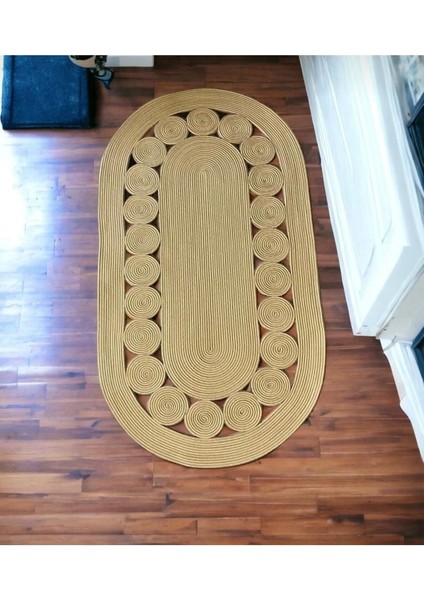 Jüt Hasır El Örgüsü Halı Kilim Yıkanabilir Çift Taraflı Oval