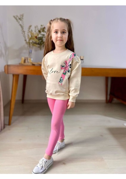 For Love Fiyonklu Baskılı Fitilli Kız çocuk takım - Pembe