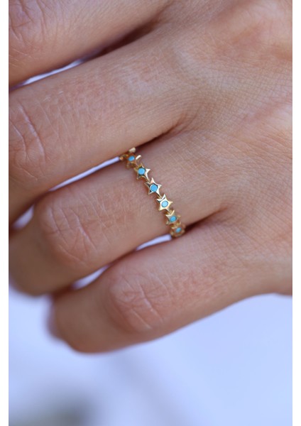 14 Ayar Altın Firuze Taş Detaylı Yıldız Dizisi Yüzük