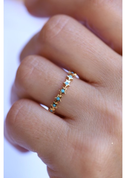 14 Ayar Altın Firuze Taş Detaylı Yıldız Dizisi Yüzük modelleri