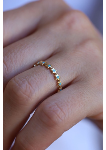 14 Ayar Altın Firuze Taş Detaylı Yıldız Dizisi Yüzük fırsatları