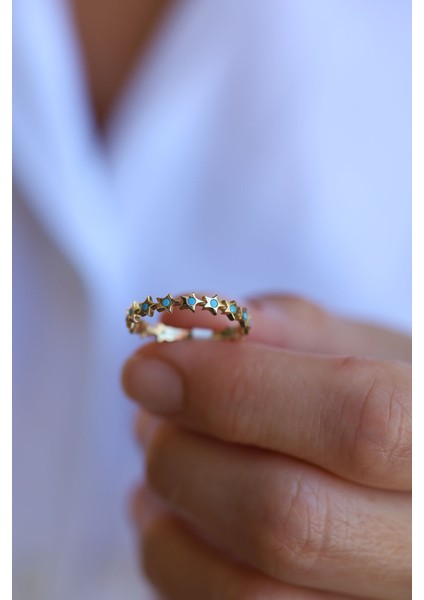 14 Ayar Altın Firuze Taş Detaylı Yıldız Dizisi Yüzük indirimleri