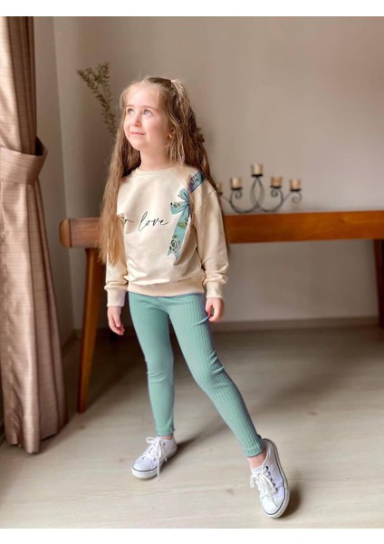 For Love Fiyonklu Baskılı Fitilli Kız çocuk takım - Yeşil