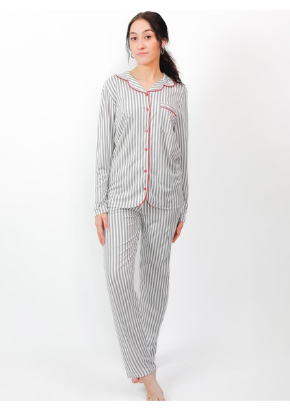 Kadın Gömlek Yaka %100 Pamuk Çizgili Kırmızı Pijama Takımı 2444