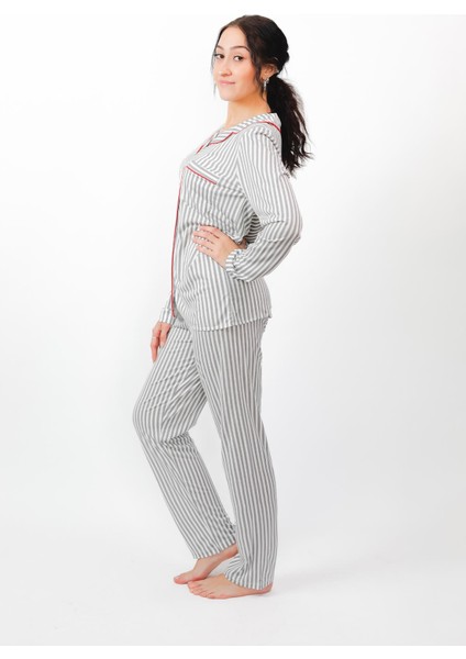 Kadın Gömlek Yaka %100 Pamuk Çizgili Kırmızı Pijama Takımı 2444