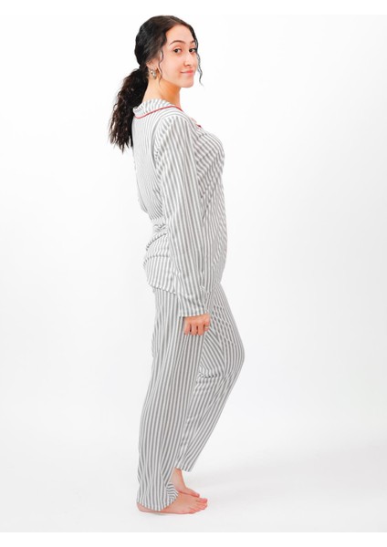 Kadın Gömlek Yaka %100 Pamuk Çizgili Kırmızı Pijama Takımı 2444