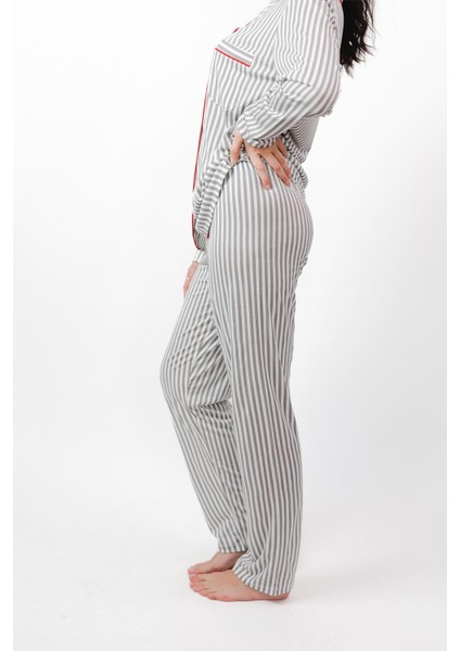 Kadın Gömlek Yaka %100 Pamuk Çizgili Kırmızı Pijama Takımı 2444